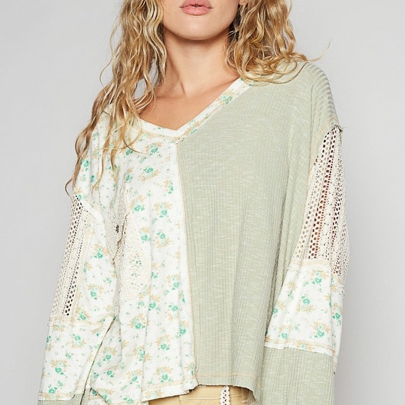 POL Tops - POL Women's Patchwork Blouse - Sage and Cream